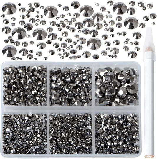Bymitel 5000 Pieces 6 Mixed Sizes Glue Fix on Glass Rhinestones Round Crystal Gems Flatback for DIY Jewelry Making with one Picking Pen(6-Sizes 5000PCS, Jet Hematite)