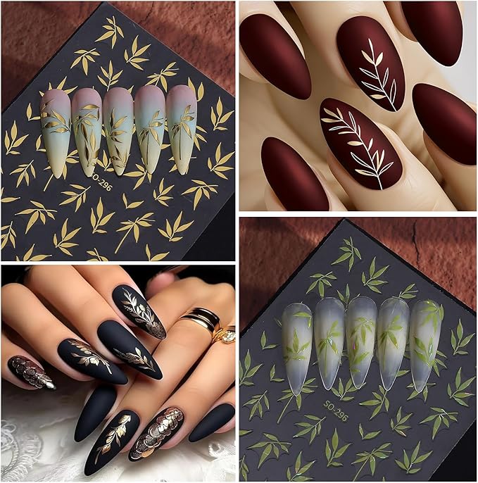 5 Sheets Bamboo Nail Art Stickers 3D Self -Adhesive Colorful Bamboo Nail Decals Holographic Gold Silver Blue Green Orange Nail Sticker Unique Chinese Style Nail Decoration for Women Manicure Supplies