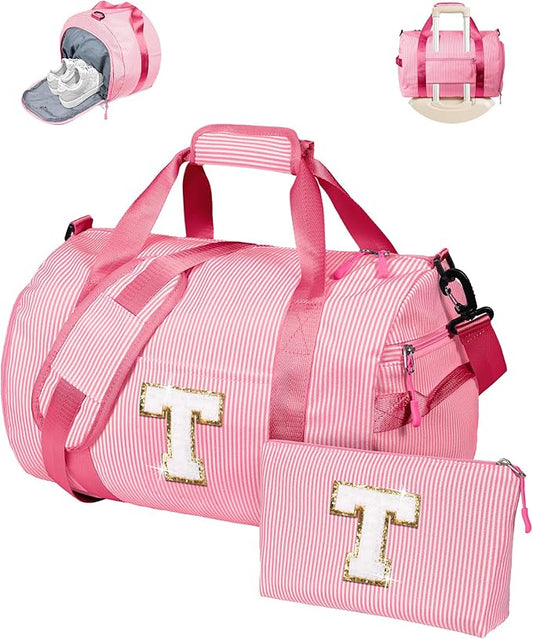 Dance Recital Gifts, Girls Travel Duffle Bag, Kids Initial Overnight Bags with Shoe Compartment, Personalized Weekend Bag with Makeup Pouch, Gifts for 3 4 5 6 7 Year Old Kid (Letter T)