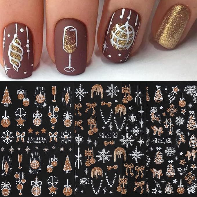 6 Sheets Glitter Christmas Nail Art Stickers 3D Self-Adhesive Snowflake Christmas Tree Nail Stickers Christmas Bell Ball Elk Nail Decals Acrylic Nail Supplies for Women Girls DIY Manicure Decoration