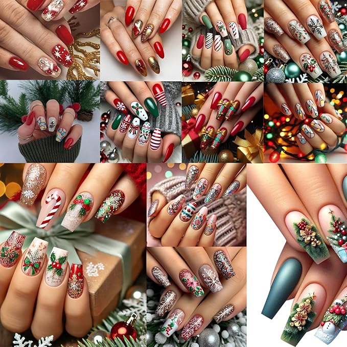 Christmas Nail Art Stickers 3D Self-Adhesive Holly Sprig Bow Snowman Glitter Xmas Tree Designs Nail Stickers Santa Claus Elk Flower Nail Decal for Women DIY New Year Manicure Decoration 5 Sheets