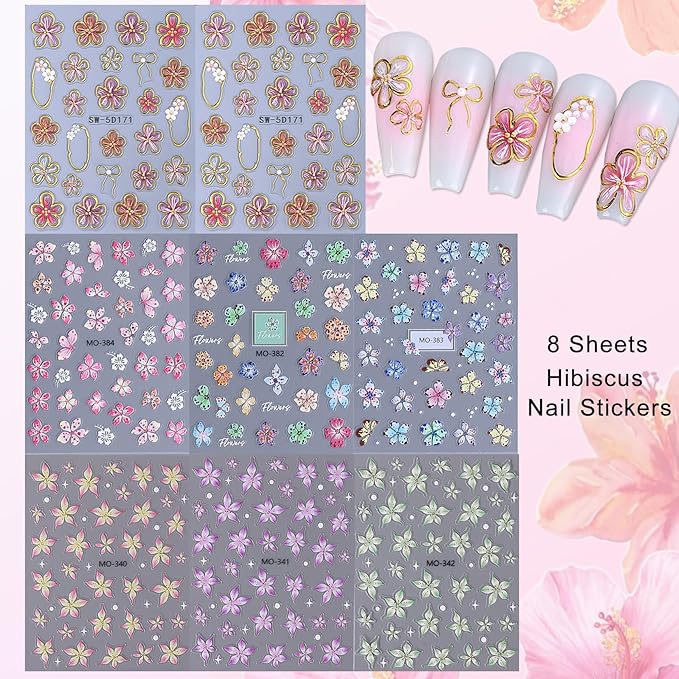5D Flower Nail Stickers Decals 8PCS Hawaii Hibiscus Nails Art Designs Self Adhesive Embossed Tropical Floral Petals Charms Vacation Stickers Decoration for Women Nail Supplies