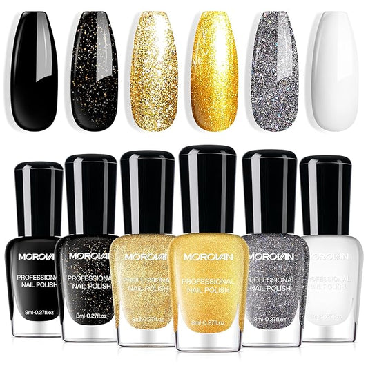 Morovan Nail Polish Set Fingernail: Black Gold White Glitter Nail Polish Kit Shimmer Sparkle Sliver Air Quick Dry Glossy Nail Pack for Nail Art Manicure 2025 Summer Holiday Gift Party for Women