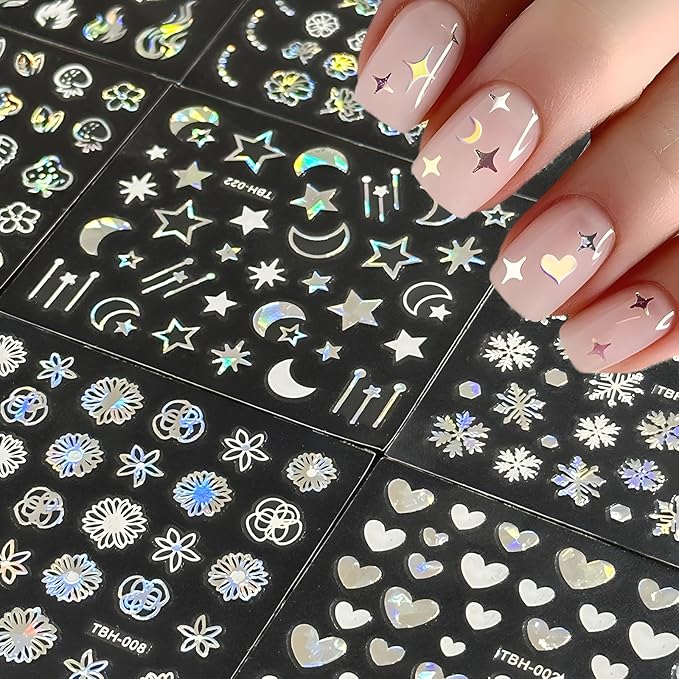 30 Sheets Aurora Nail Art Stickers Decals 3D Self Adhesive Flower Nail Stickers Aurora Moon Star Nail Decals for Nail Art Leaf Heart Nail Design for DIY Acrylic Nails Decoration Accessories for Women