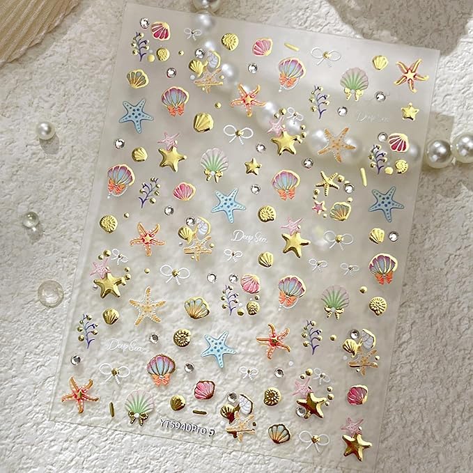 1 Sheets Summer Beach Nail Decals for Nail Art Gold Seashell Starfish Nail Stickers with Diamond Designs Coral Conch Bow Nail Art Stickers 5D Self-Adhesive Ocean Nail Design Supplies for Women