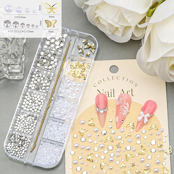 3 Boxes 3D Flower Nail Charms and Gems - Colorful Nail Flower & Metal Butterfly Charms Clear Rhinestones Gemstones Silver/Gold Caviar Beads White Pearls with Nail Chain for DIY Nails (15-S3-Mixed4)