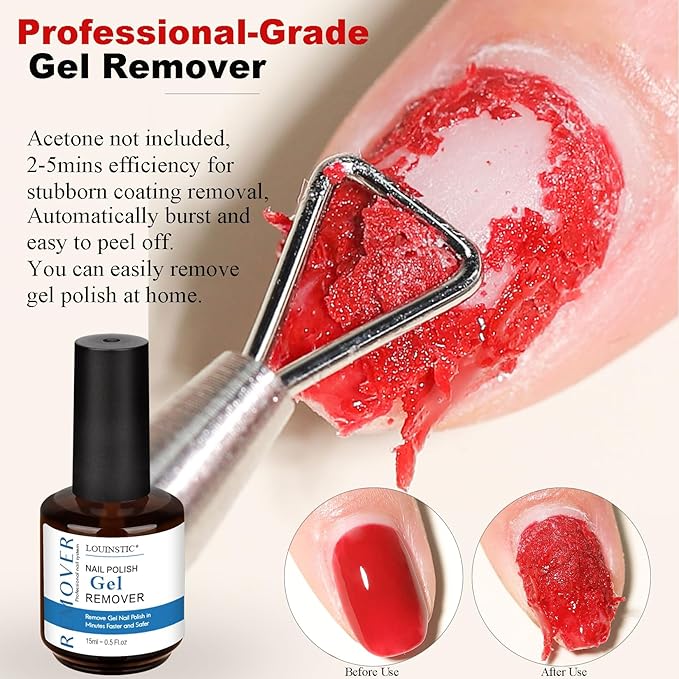 LOUINSTIC Gel Remover for Nails - 2 Bottles (15ML Each) - Easy & Fast Nail Polish Removal Does Not Damage Nails Portable for Travel - Professional Grade Kit with Sanding Strips,Manicure Tools
