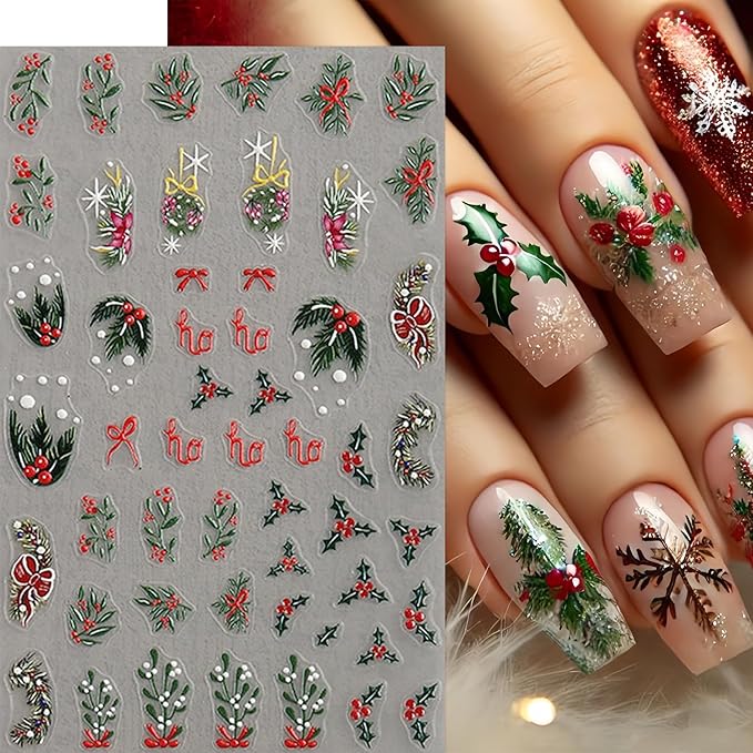 4 Sheets Christmas Nail Art Stickers Christmas Holly Nail Decals Relief Holly Leaf Christmas Tree Elk Nail Supplies White Snowflake Nail Design for Women New Year Xmas Holiday Nail Decor Accessories
