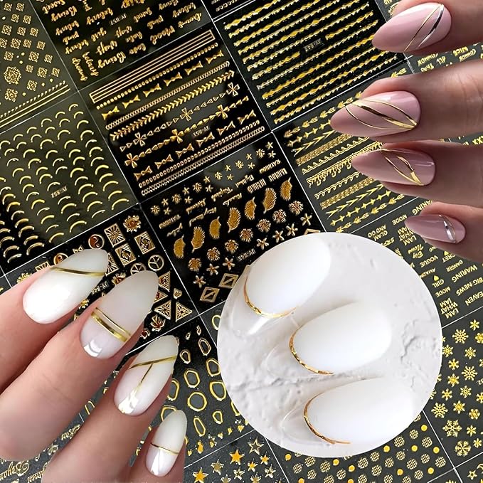 30 Sheets Gold Nail Art Stickers 3D Self-Adhesive Gold Stars Snowflakes Shiny Acrylic Heart Shape Line Design Suitable for Ladies Girls Nail Art Decoration