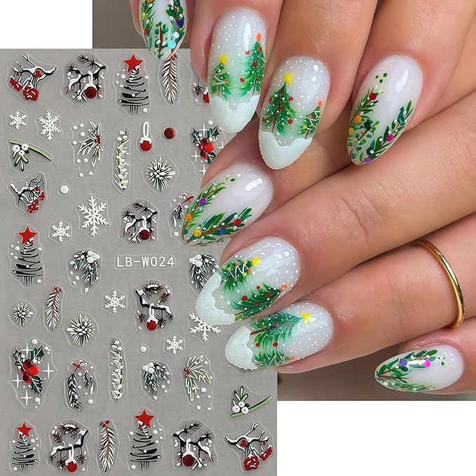 Christmas Nail Stickers 4 Sheets Christmas Nail Art Stickers, 5D Embossed Self-Adhesive Winter Leaves Snowflake Christmas Tree Flower Nail Decals Pattern Design DIY Holiday Nails Decoration for Women