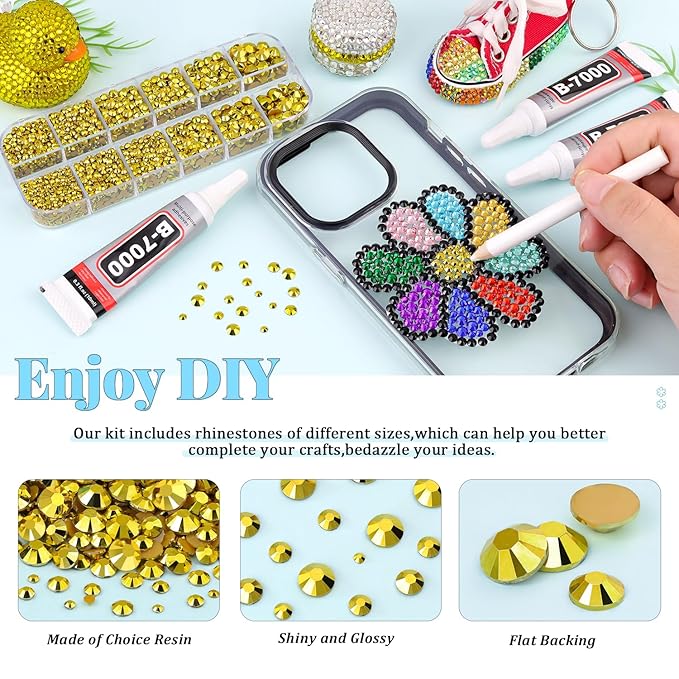 6000Pcs Resin Rhinestones for Bedazzling with 3Pcs B7000 Jewelry Glue, 1 Box Bright Gold Flatback Rhinestones for Crafting Crafts DIY, Crystals Gems for Clothing Shoes Tumblers Nail Art Makeup