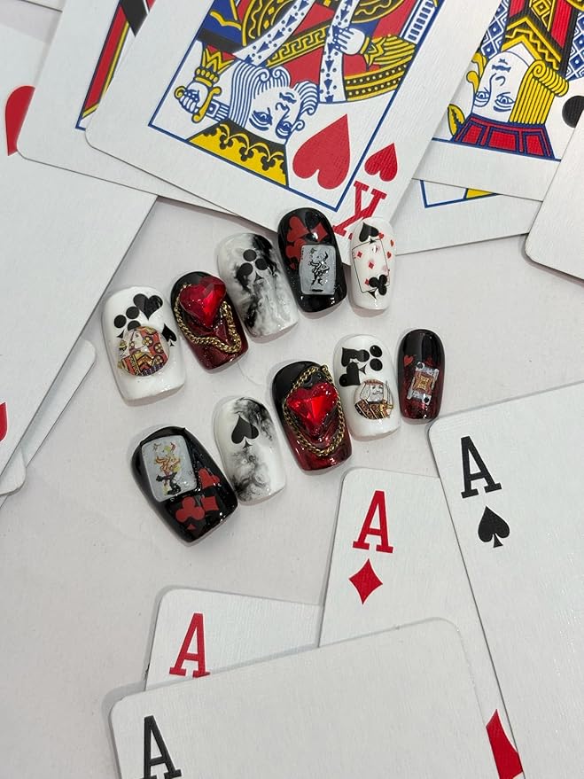 3D Self-Adhesive Nail Stickers - Poker Theme with Hearts & Diamonds, Trendy Fashion Nail Art Designs for Women A Set of 2 Sheets