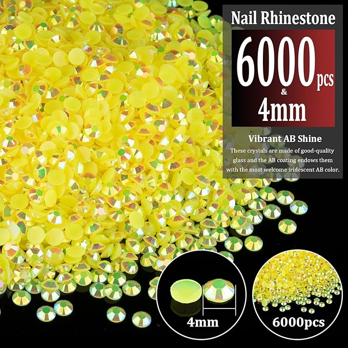 6000pcs 4mm Resin Rhinestones Bulk, Lemon Yellow AB Flatback Round Jelly Rhinestones Bedazzling Non Hotfix Crystal Gems Large Quantity Wholesale for DIY Crafts Clothes Tumblers Face Makeup Manicure