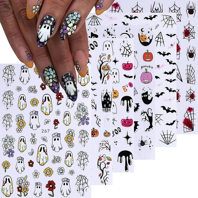 6 Sheet Halloween Nail Stickers 3D Self-Adhesive Nail Art Stickers Decals with Bat Spider Web Design Nail Stickers for Nail Art Flower Ghost Manicure Decoration for Women Nails Supplies