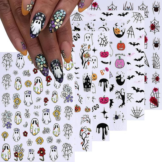 6 Sheet Halloween Nail Stickers 3D Self-Adhesive Nail Art Stickers Decals with Bat Spider Web Design Nail Stickers for Nail Art Flower Ghost Manicure Decoration for Women Nails Supplies
