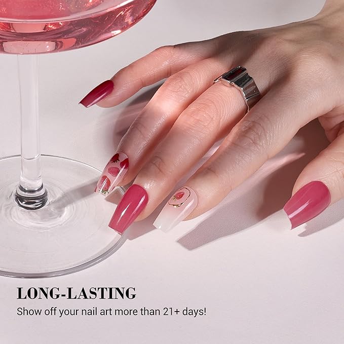 MelodySusie Pink Strawberry Semi Cured Gel Nail Strips, 20 PCS Gel Nail Stickers, UV Light Required, Durable & Salon Quality