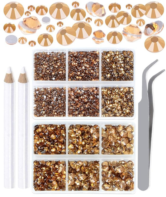 LPBeads 6000 Pieces Lt Topaz Non Hotfix Rhinestones 6 Sizes Round Crystal Glass Flat Back Rhinestones with Tweezers and Picking Pen for Nail Art Crafts Clothes Bags DIY