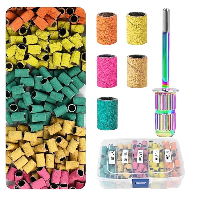 Sanding Bands for Nail Drill KOYOPEPI Nail Drill Sanding Bits #100#120#150#180#240 Grits 250Pcs Nail Sanding Bands Mandrel Bit