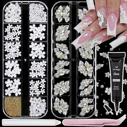 Nail Art Charms with Rhinestones Glue Gel White Flatback Pearls Luxurious Nail Charms Supplies Accessories Gold Steel Ball Nails Gems Jewelry Pearls for Women Nails Design