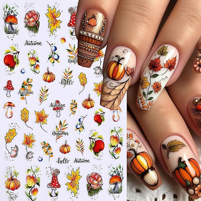 6 Sheets Fall Nail Art Stickers Decals Thanksgiving Day Pumpkin Nail Decals 3D Self-Adhesive Autumn Maple Leaves Pumpkin Design Maple Leaf Nail Art Sticker for Women Holiday DIY Manicure Decoration