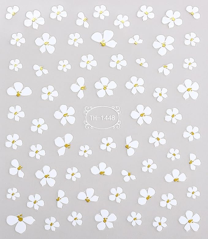 Flower Nail Art Stickers Decals, 3D Self-Adhesive White Flower Nail Design, Cherry Blossoms Nails Art Decoration for DIY Decoration Stencil Tools