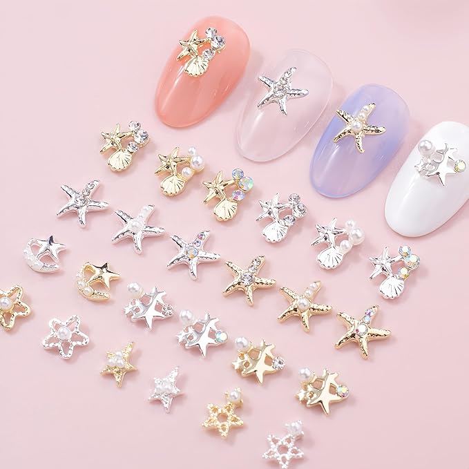 18Pcs Mixed Color 3D Starfish Nail Charms Alloy Summer Beach Nail Art Rhinestones Ocean Theme Shell with Flatback Pearls Caviar Beads Designs Nail Charms Summer Beach DIY Crafts Manicure Decoration