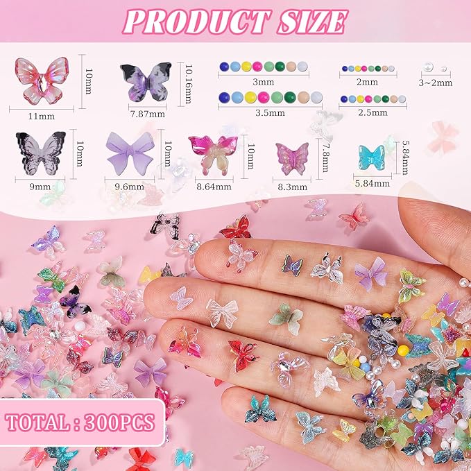300Pcs Assorted Butterfly Nail Charms Kit, 100Pcs 3D Nail Butterfly Charms and 100Pcs Pearls with 100Pcs Macaron Beads, Colorful Butterflies Tiny Gems Round Beads for Women Manicure Craft DIY