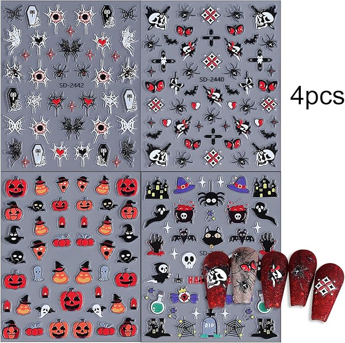 Halloween Nail Art Stickers, Cute Pumpkin Nail Art Decals 3D Self-Adhesive with Bat Skull Spider Web Cat Ghost Nail Design 4Pcs Halloween Nail Art Supplies for Women Nail Decoration