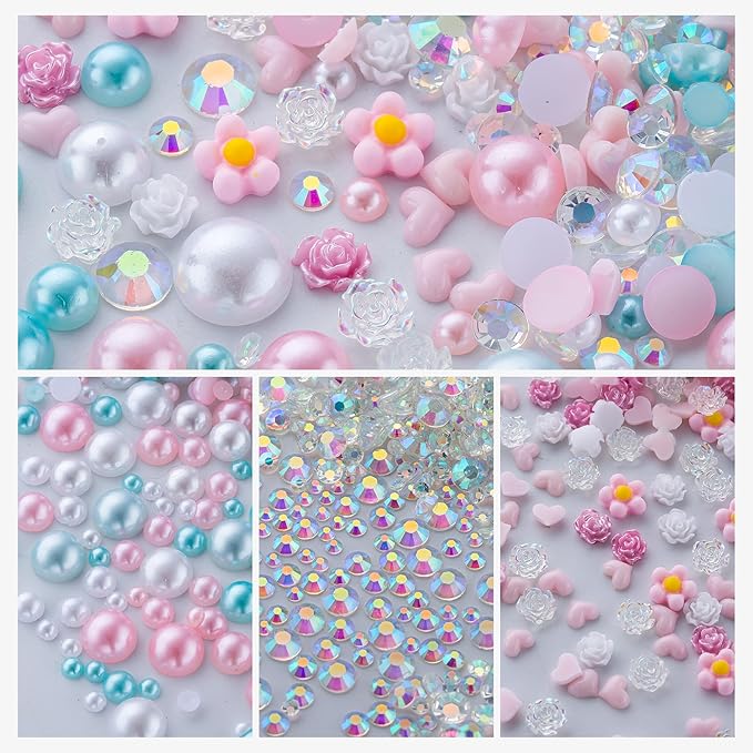 160g Cyan Pink Flat Back Pearls Rhinestones for Crafts Mixed Size 3mm-10mm AB Color Round Half Pearls Flatback Pearl Beads and Resin Rhinestones Set for Face Art