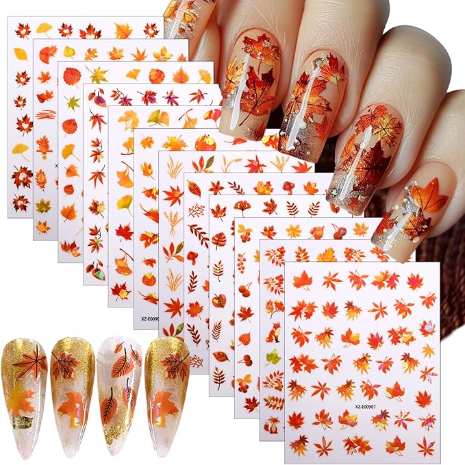 12 Sheets Fall Nail Art Stickers Decal Laser Glitter 3D Self-Adhesive Nail Stickers Design Autumn Maple Leaf Red Fox Pumpkin Nail Decals for Women DIY Thanksgiving Holiday Nail Decorations Supply