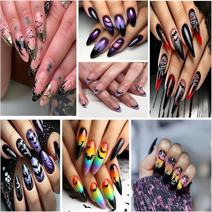 6 Sheets Halloween Nail Art Stickers 3D Self -Adhesive Bat Nail Decals Holographic Hot Stamping Gold Silver Laser Bat Nail Stickers Halloween Nail Decoration for Women Manicure Supplies