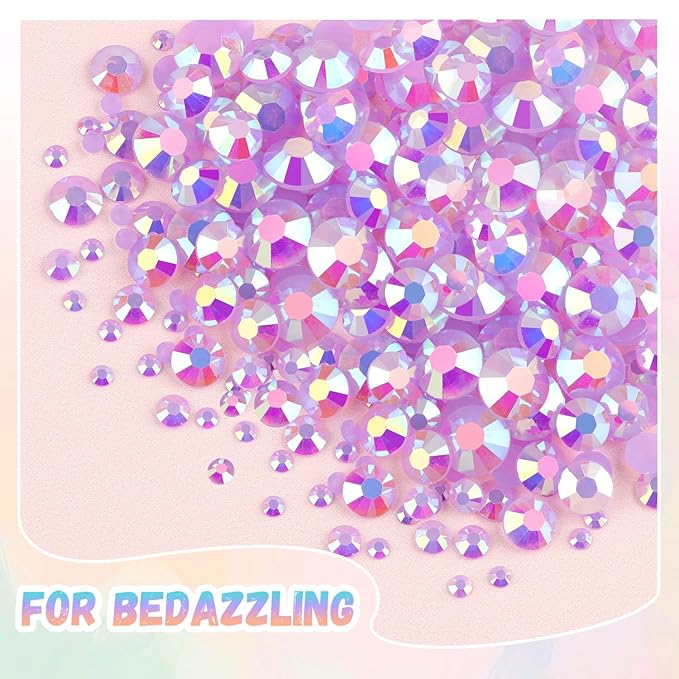 25000Pcs Resin Rhinestones with B7000 Jewelry Glue for Crafting, Lavender Purple AB 2-6mm Non Hotfix Flatback Gems, Bedazzling Crystal for DIY Crafts Clothing Tumblers Mugs Shoes Fabric Decor Nail Art