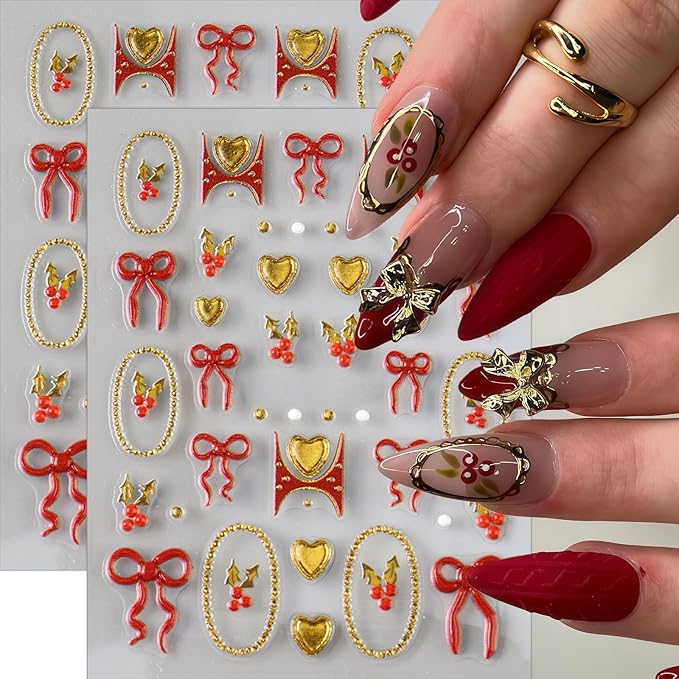 4 Sheets Christmas Nail Art Stickers 5D Embossed Winter Nails Decals Red Gold Heart Bow Nail Stickers Gold Circle Cherry Xmas Nails Design Winter Nail Supplies for Women Acrylic Manicure Decorations