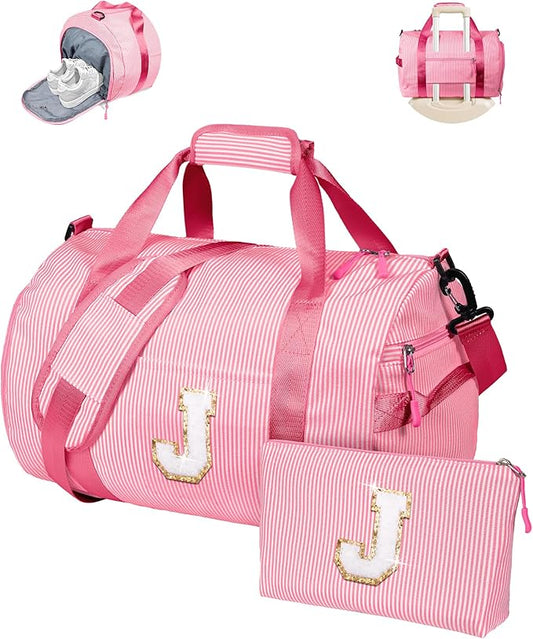 Birthday Gift for Teen, Girls Travel Duffle Bag, Kids Initial Overnight Bags with Shoe Compartment, Personalized Weekend Bag with Makeup Pouch, Girly Cute Stuff Trip Essentials (Letter J)