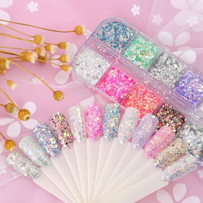 Holographic Nail Sequin Accessories - 3D Glitter Flakes Nail Supplies Acrylic Powder for Shiny Manicure Designs - Colors (12)