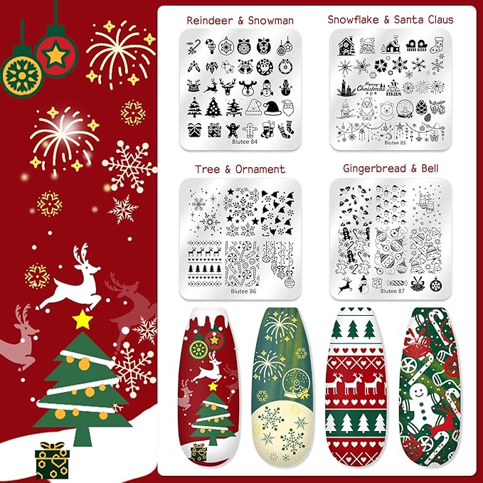 Biutee Nail Stamping Plate 20Pcs Nail Stamper Kit 16Pcs Nail Art Stamping Plates with Silicone Stamper, Scraper & Storage Bag, Stamp Plates Star Plaid Love Leaf Template Halloween Design Gift