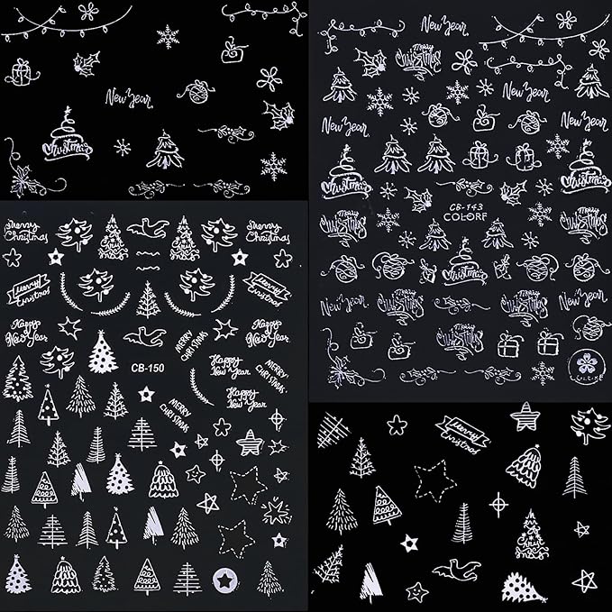 HNUIX Nail Stickers - 3D Christmas, Self Adhesive Nail Decals, Multi Pattern, Silver, 9 Sheets, for Nail Art