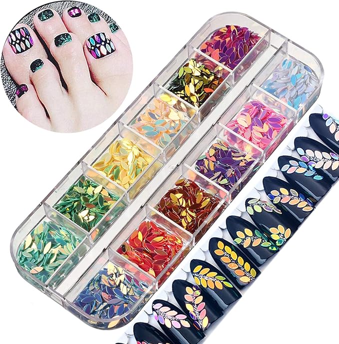 12 Colors Horse Eye Sequins 3D Ultra-Thin Flakes Colorful Glitter Stickers Holographic Laser Shiny Nail Art Design for Nail Decoration DIY Glitters
