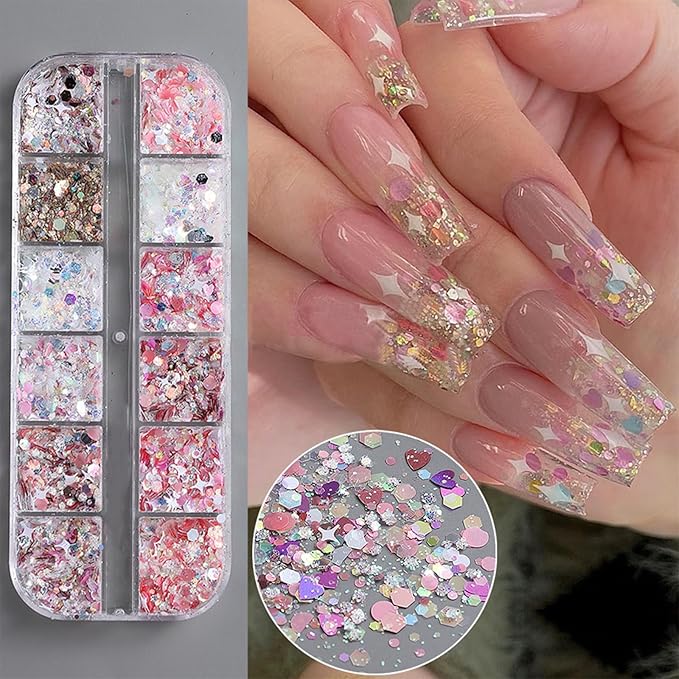 12 Grids Mixed Star Fragment Nail Art Glitters Sequins Holographic Heart Nail Sequins Hexagon Sparkles Stars Design Laser Nail Flakes Glitters Accessories for Women Manicure DIY Nail Decorations