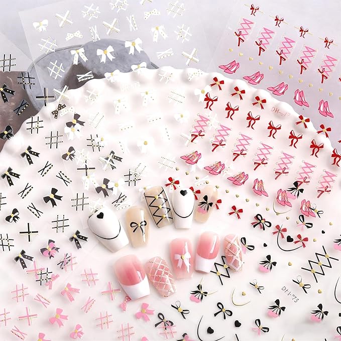 Bow Heart Nail Stickers Christmas Nail Art Stickers Holiday Pink Hearts Curve Line Nail Decals Valentines DIY Nails Design Sticker Xmas French Nail Decoration for Women Manicure Accessories 5Pcs