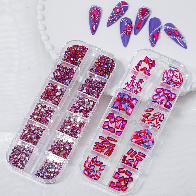 HNUIX Nail Rhinestones - 3D Multi Shape Size, Crystal AB Red Nail Gems, Flat Back, with Kit, for Nail Art, DIY Decorations