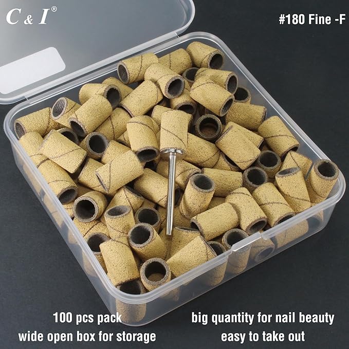 C & I Nail Sanding Bands 100 PCS Plus Upgrade Mandrel 1 PC, Nail Drill Bits for Acrylic Gel Nails Remove, Natural Nails Buffer for Nail Prep and Nail Shiner (Yellow, #180 Fine)