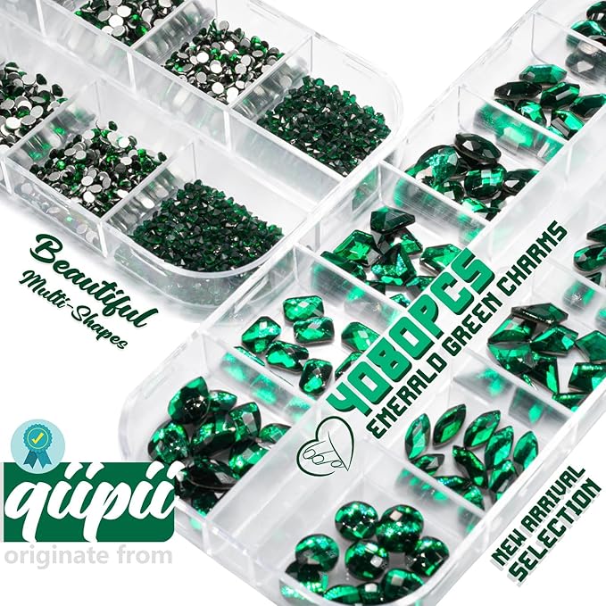 4080Pcs Emerald Green Nail Rhinestones K9 Glass Crystal Flat Back Rhinestones Nail Charms Stones Multi Shapes Big Gems Round Beads Nail Art Diamonds jewels for Nails Face Eyes Makeup Crafts DIY