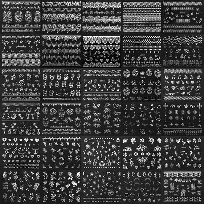 30 Sheets Silver Nail Sticker Silver Lace Nail Art Stickers Silver Retro Flower Star Moon Heart Cat Design 3D Self-Adhesive Nail Sticker Decals Nail Supplies for Women Girls DIY Nail Art Decoratio