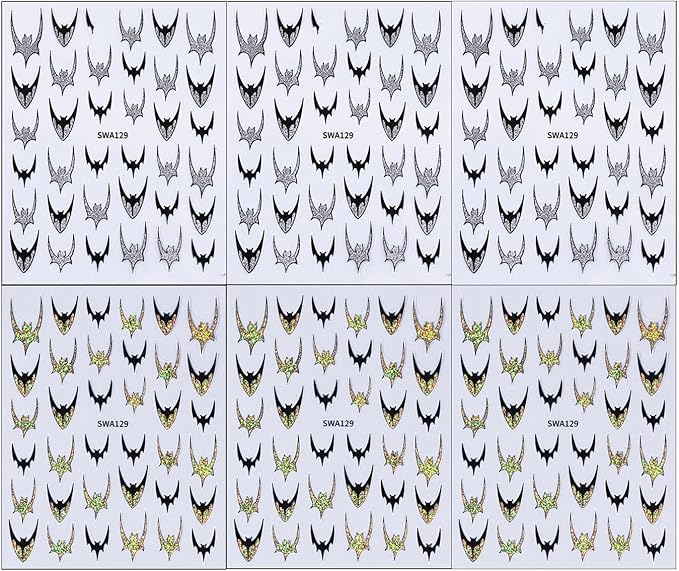 Halloween Nail Art Stickers, Glitter Dark Bat Nail Decals 3D Self-Adhesive with Sparkle Gold Sparkle Silver Bat Design 4PCS Halloween Nail Art Supplies for Women