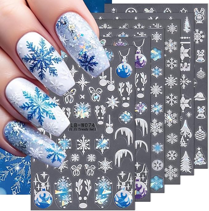 6 Sheets Snowflake Nail Art Stickers Christmas Santa Hat Nail Decals Aurora Gingerbread Man Bell Nail Design 3D Self Adhesive Cute Nail Stickers for Women Decoration Manicure Supplies