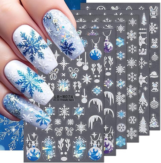 6 Sheets Snowflake Nail Art Stickers Christmas Santa Hat Nail Decals Aurora Gingerbread Man Bell Nail Design 3D Self Adhesive Cute Nail Stickers for Women Decoration Manicure Supplies