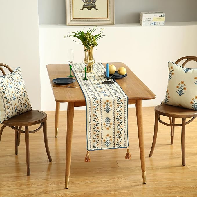 Designer French Linen Extra Long Table Runner, Pale Yellow Floral Pattern - Image 9