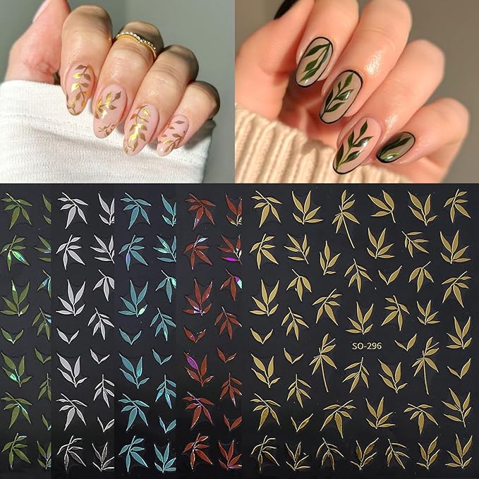 5Sheets 3D Self-Adhesive Gold Silver Bamboo Leaves Nail Art Stickers Chinese Style Designs Nail Decals Blue Green Bamboo Leaf Nail Stickers Orange Leaves Nail Decal for Women Nail Decoration Supplies