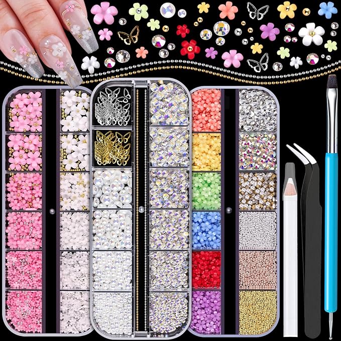 3D Nail Charms, Butterfly White Pink Acrylic Flower Starry AB Gemstones Caviar Beads Half Round Pearl, Flat Back Glass Crystal AB + Clear Round Gems Rhinestones for Nails with Pickup & Dotting Tools